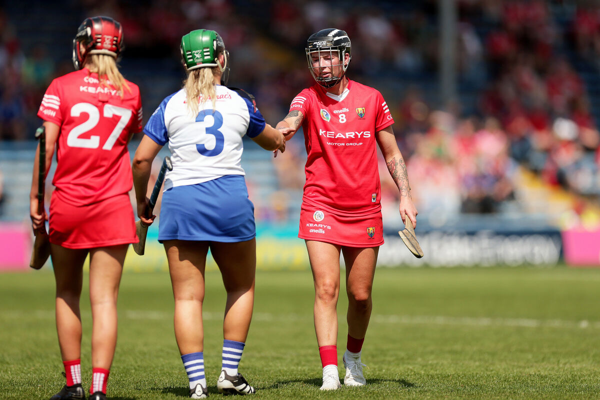 Cork's Ashling Thompson shakes hands after the game with Laoise Forrest of Waterford. Picture: INPHO/Laszlo Geczo