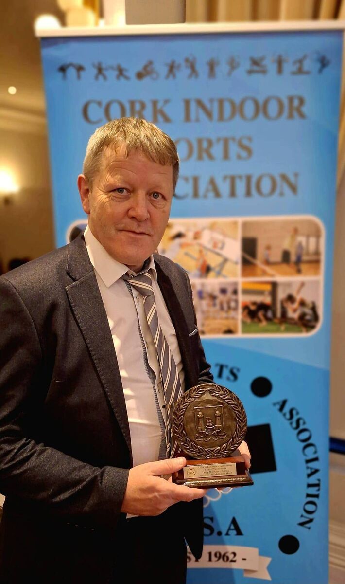 Doug Minihane receives the 2024 Cork Indoor Sports award for Cork boxing . Doug Minihane receives the 2024 Cork Indoor Sports award for Cork boxing .