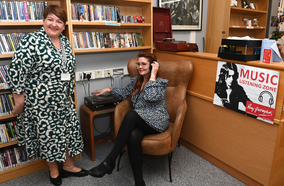  Margaret with Rebecca Crichton, staff office at the music listening zone at the Rory Gallagher music library at the Cork City library . Picture; Eddie O'Hare