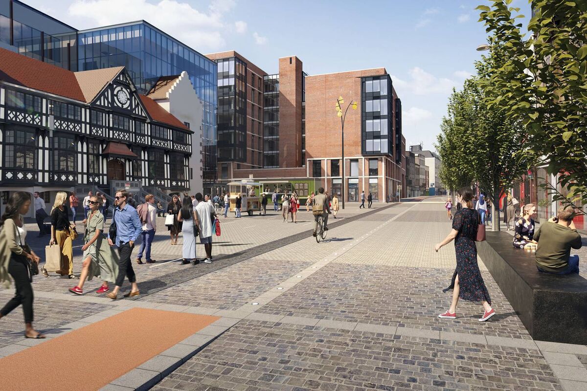 CGI image showing a redeveloped South Main Street, with the Beamish and Crawford building in the background. Picture: Cork City Council CGI image showing a redeveloped South Main Street, with the Beamish and Crawford building in the background. Picture: Cork City Council