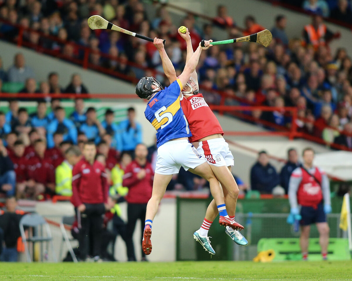 MY BALL: Cork's Hugh O'Connor and Tipperary's Mason Cawley rise high under a puck-out. Picture: INPHO/Ken Sutton MY BALL: Cork's Hugh O'Connor and Tipperary's Mason Cawley rise high under a puck-out. Picture: INPHO/Ken Sutton