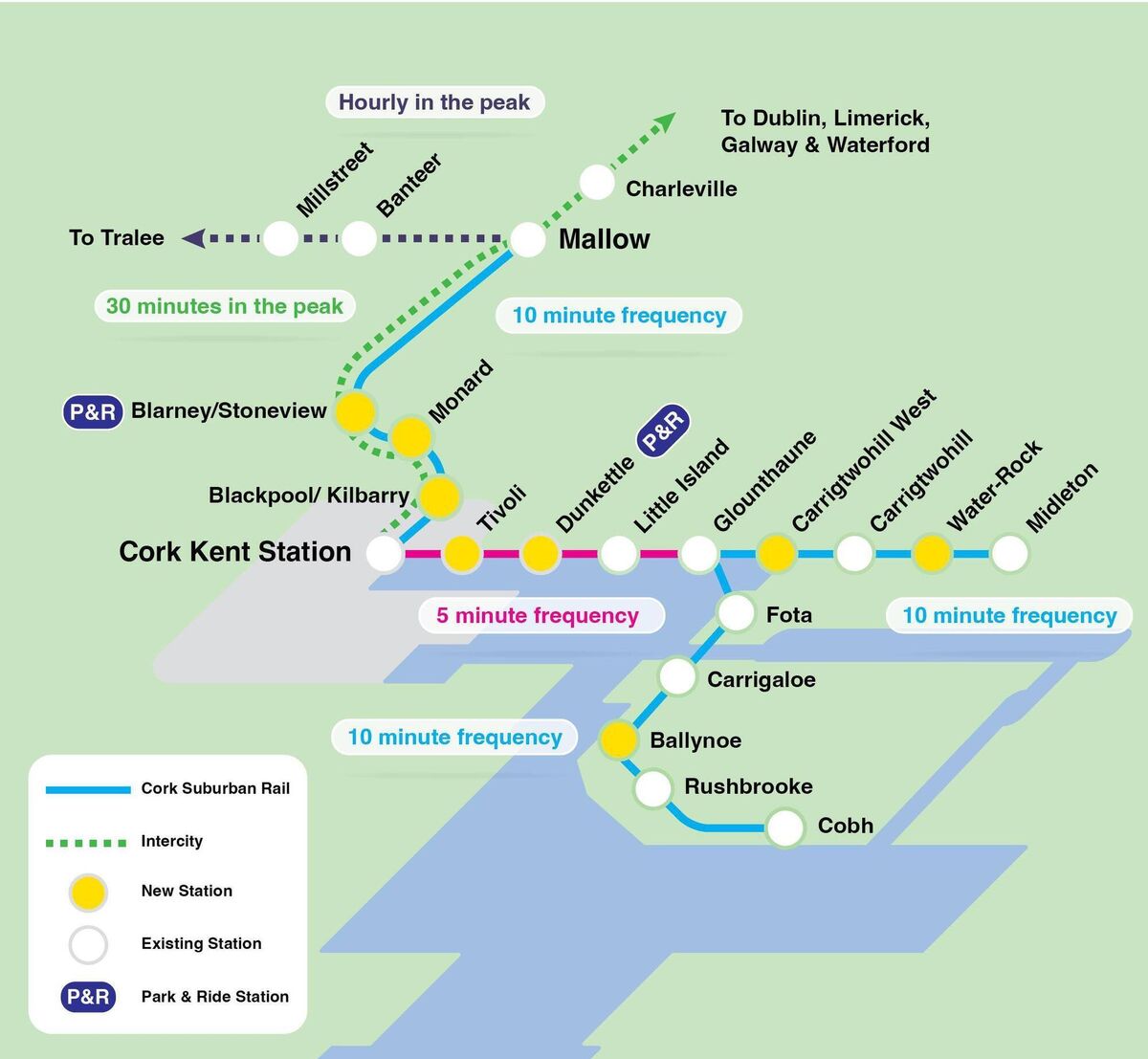 Map showing the proposed locations of new commuter train stations on the proposed Cork Commuter Rail network.