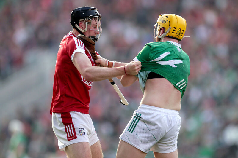 Tempers flare during the game between Limerick's Seamus Flanagan and Eoin Downey. Picture: INPHO/Laszlo Geczo