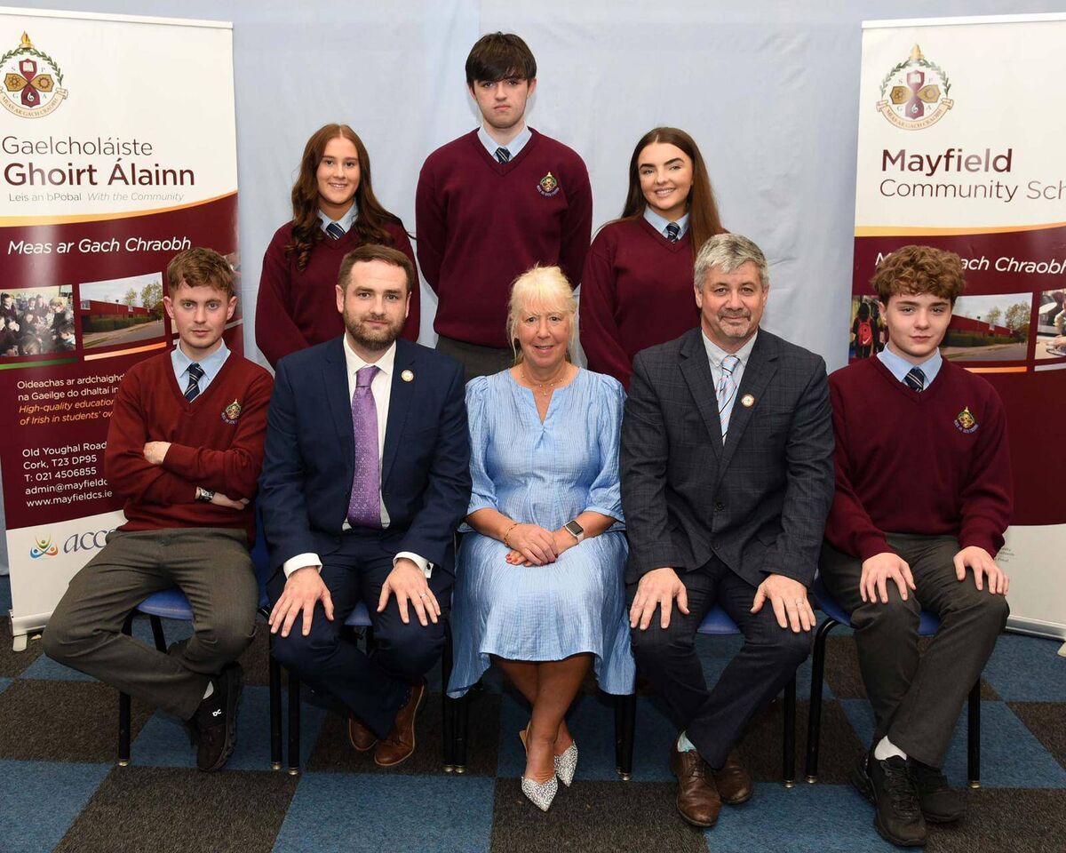 At the Mayfield Community School Gradam Awards (Back) Sophie Lane,Robert Busteed Kayleigh Mangan (Front row) Conor McCarthy. Ian Farrell, deputy principal Kathleen Daly, principal Kieran Golden and Jack Hourihan