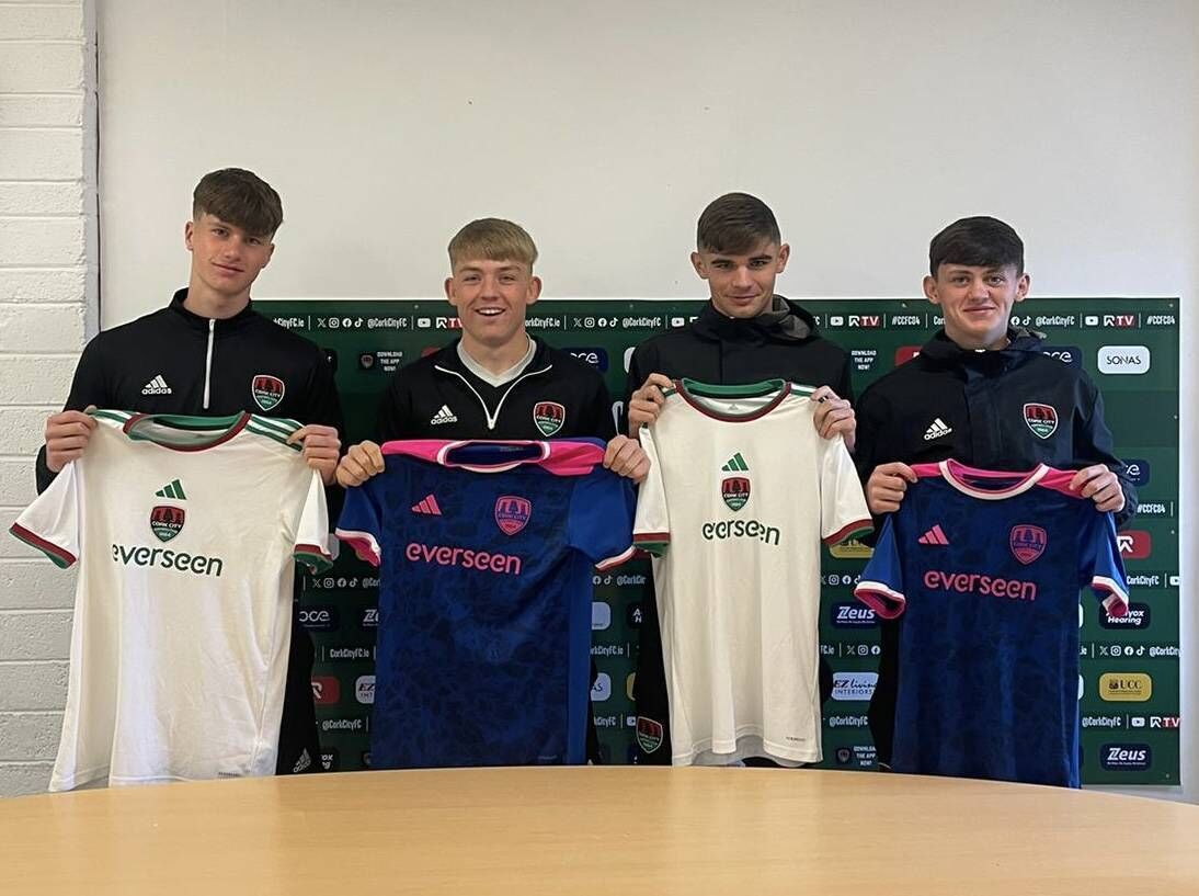 Finn Dalton, Luke Hurley , Chris Harrington, Jamie Kelly, who are among those taking part in the Cork City Marathon, to raise funds for the Youth Academy.