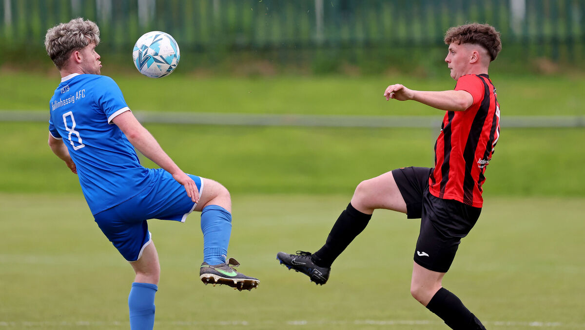 Goalscorers in their third division league game, Ballinhassig’s John O’Callaghan and Ringmahon’s Paddy Cronin battle for the ball. Picture: Jim Coughlan.
Goalscorers in their third division league game, Ballinhassig’s John O’Callaghan and Ringmahon’s Paddy Cronin battle for the ball. Picture: Jim Coughlan.