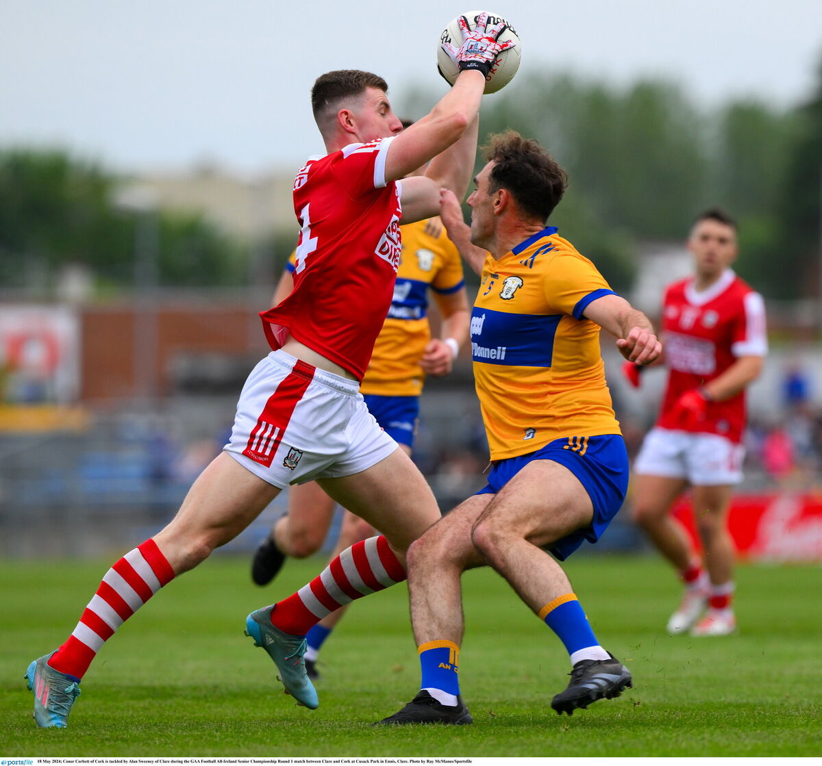 Cork's Conor Corbett up against Alan Sweeney of Clare two weeks ago. Picture: Ray McManus/Sportsfile
