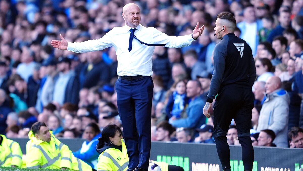 Everton manager Sean Dyche (left) reacts during the Premier League match at Goodison Park, Liverpool. Picture: Peter Byrne/PA Wire.