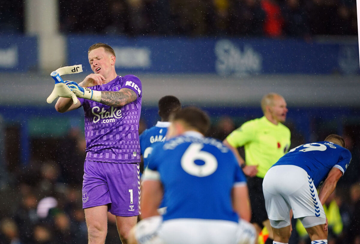 Everton goalkeeper Jordan Pickford reacts following the Premier League match at Goodison Park, Liverpool. Picture: Peter Byrne/PA Wire.