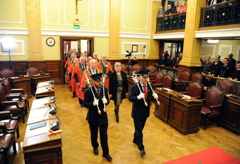 Mace bearers Noel Kearney and Donal Buckley lead the then Lord Mayor of Cork, Councillor John Sheehan; chief executive of Cork City Council, Ann Doherty, and councillors into the council chamber for a special meeting of Cork City Council at City Hall to commemorate the centenary of the election of Tomás MacCurtain as Lord Mayor of Cork. Picture Denis Minihane. Mace bearers Noel Kearney and Donal Buckley lead the then Lord Mayor of Cork, Councillor John Sheehan; chief executive of Cork City Council, Ann Doherty, and councillors into the council chamber for a special meeting of Cork City Council at City Hall to commemorate the centenary of the election of Tomás MacCurtain as Lord Mayor of Cork. Picture Denis Minihane.