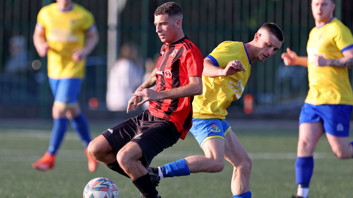 Carrigaline United’s Luke Boyle battles with Ringmahon’s Dylan O’Regan-Forde during their premier division game at Ballea Park Picture: Jim Coughlan
Carrigaline United’s Luke Boyle battles with Ringmahon’s Dylan O’Regan-Forde during their premier division game at Ballea Park Picture: Jim Coughlan