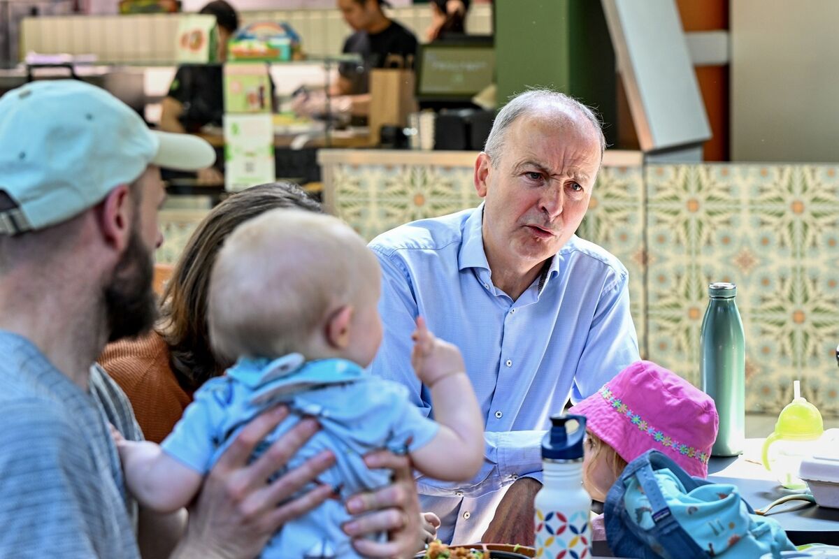 Baby Rory O’Callaghan points an accusing finger at Tánaiste Micheál Martin while he canvassed with Billy Kelleher, Mary Rose Desmond and David Boyle in the Douglas Village shopping centre on Saturday. Picture: Chani Anderson