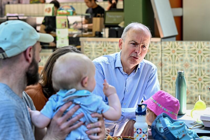 Baby Rory O’Callaghan points an accusing finger at Tánaiste Micheál Martin while he canvassed with Billy Kelleher, Mary Rose Desmond and David Boyle in the Douglas Village shopping centre on Saturday. Picture: Chani Anderson Baby Rory O’Callaghan points an accusing finger at Tánaiste Micheál Martin while he canvassed with Billy Kelleher, Mary Rose Desmond and David Boyle in the Douglas Village shopping centre on Saturday. Picture: Chani Anderson