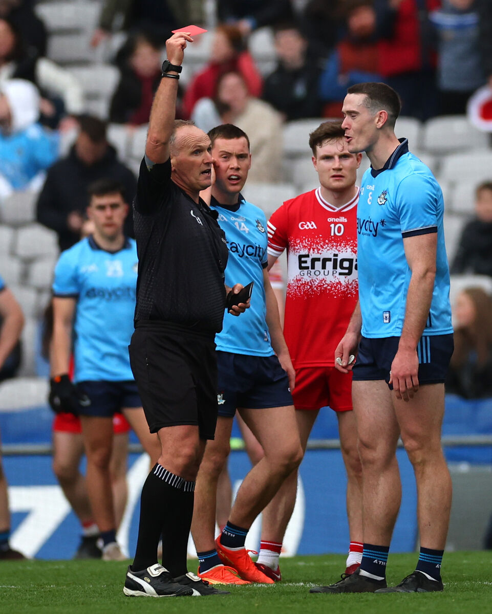 Referee Conor Lane red cards Brian Fenton of Dublin in the league final against Derry back in March. Picture: INPHO/James Crombie