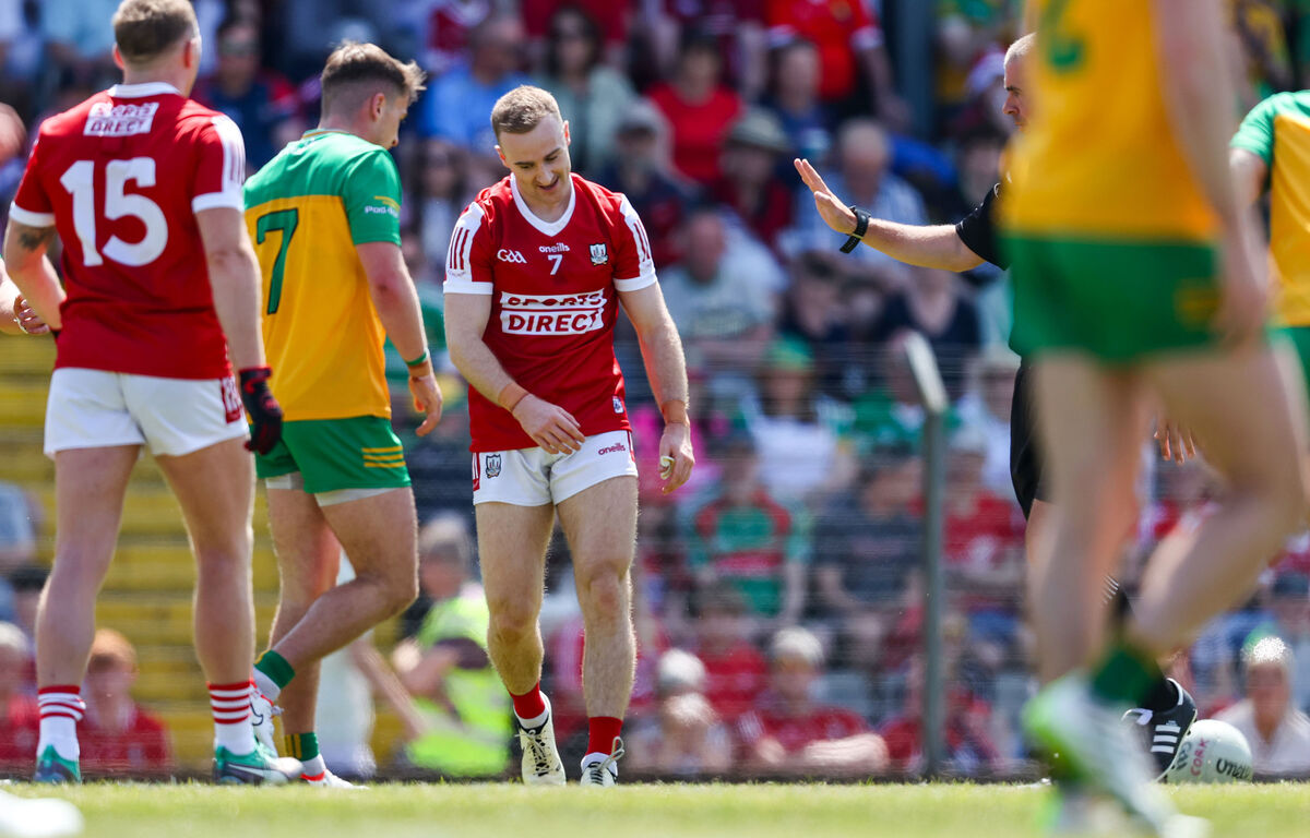 Cork's Matty Taylor reacts to the referee’s decision against Donegal. Picture: INPHO/Nick Elliott
