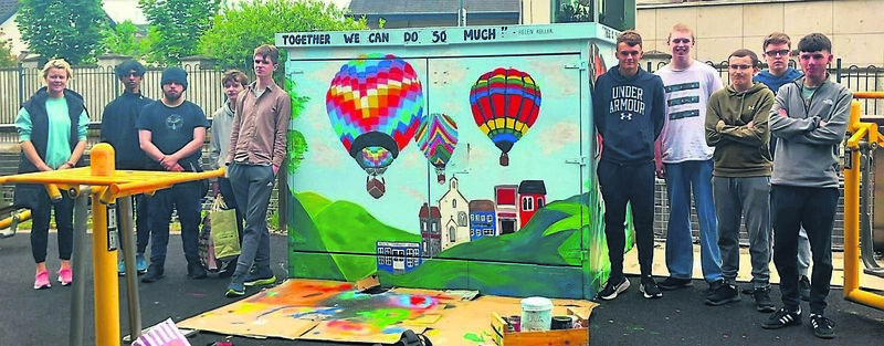 Douglas Community School art teacher Annette Millard, alongside transition Year Art students Rishikesh, Shane, Rory, Conor, Kenneath, Seán, Tomás, Colin, and Robbie, after completing the new mural at Douglas Community Park. Douglas Community School art teacher Annette Millard, alongside transition Year Art students Rishikesh, Shane, Rory, Conor, Kenneath, Seán, Tomás, Colin, and Robbie, after completing the new mural at Douglas Community Park.