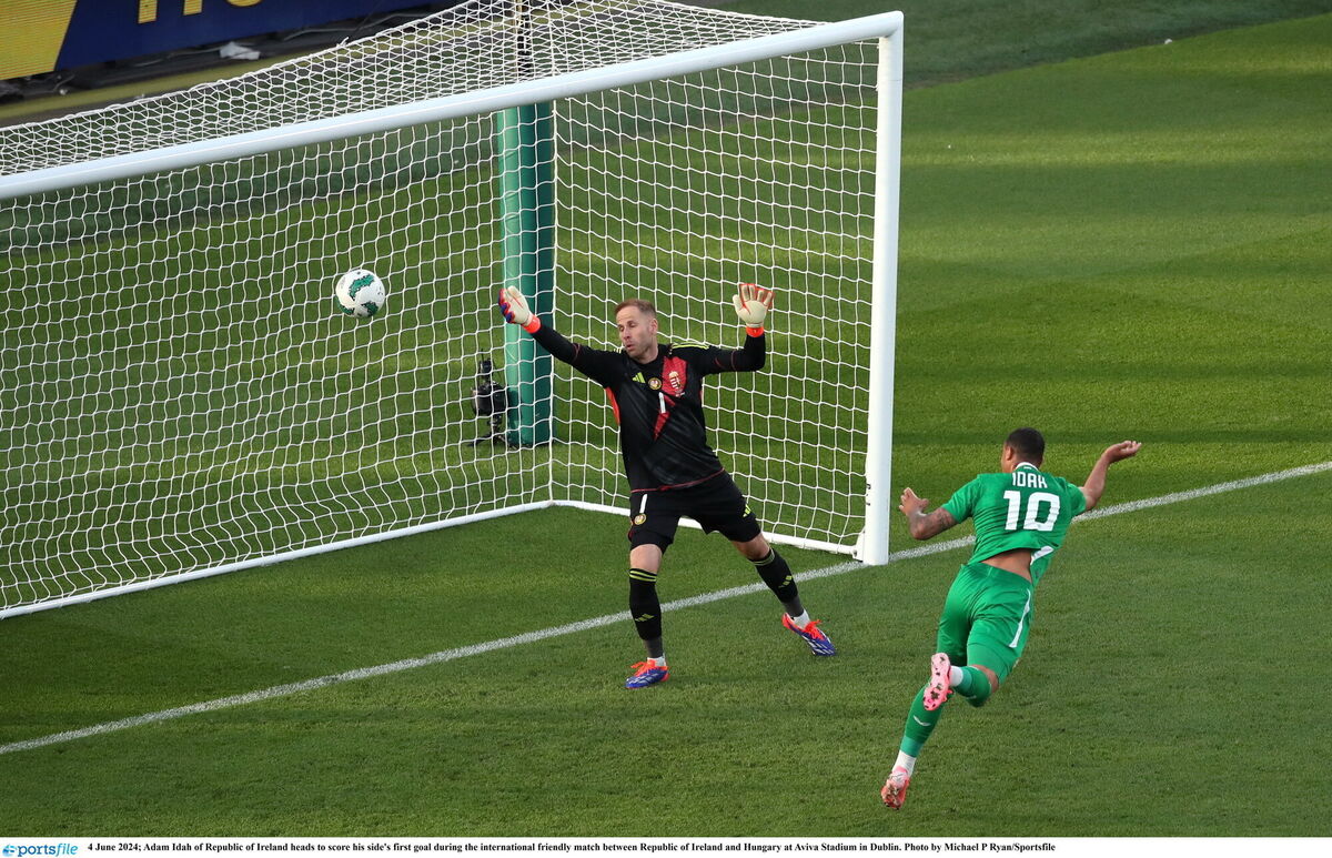 Adam Idah of Republic of Ireland heads to score his side's first goal during the international friendly match between Republic of Ireland and Hungary at Aviva Stadium in Dublin. Photo by Michael P Ryan/Sportsfile Adam Idah of Republic of Ireland heads to score his side's first goal during the international friendly match between Republic of Ireland and Hungary at Aviva Stadium in Dublin. Photo by Michael P Ryan/Sportsfile