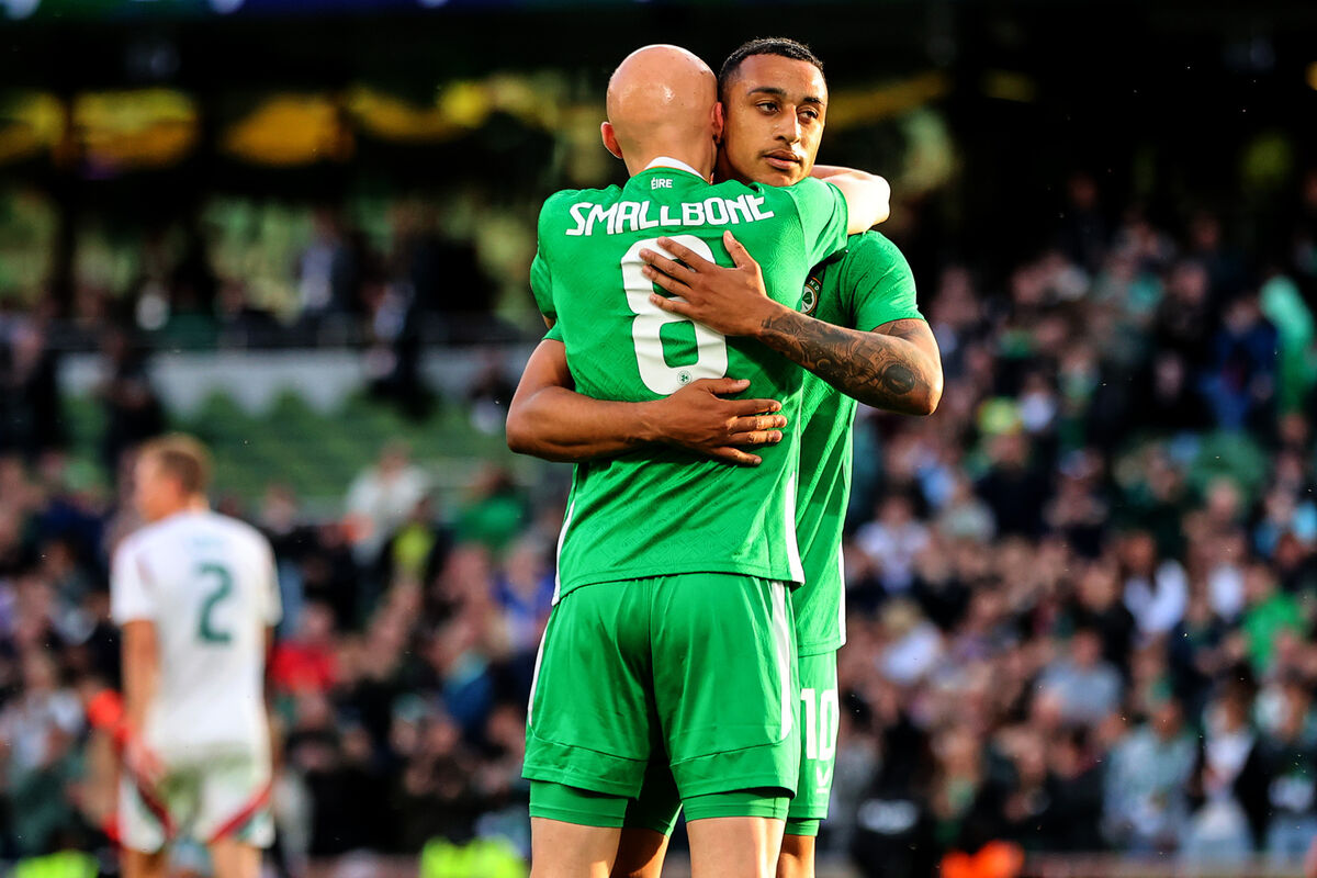 Ireland's Adam Idah celebrates after scoring his side's first goal with William Smallbone Ireland's Adam Idah celebrates after scoring his side's first goal with William Smallbone