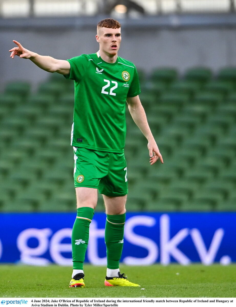 Jake O'Brien of Republic of Ireland during the international friendly match between Republic of Ireland and Hungary at Aviva Stadium in Dublin. Photo by Tyler Miller/Sportsfile Jake O'Brien of Republic of Ireland during the international friendly match between Republic of Ireland and Hungary at Aviva Stadium in Dublin. Photo by Tyler Miller/Sportsfile