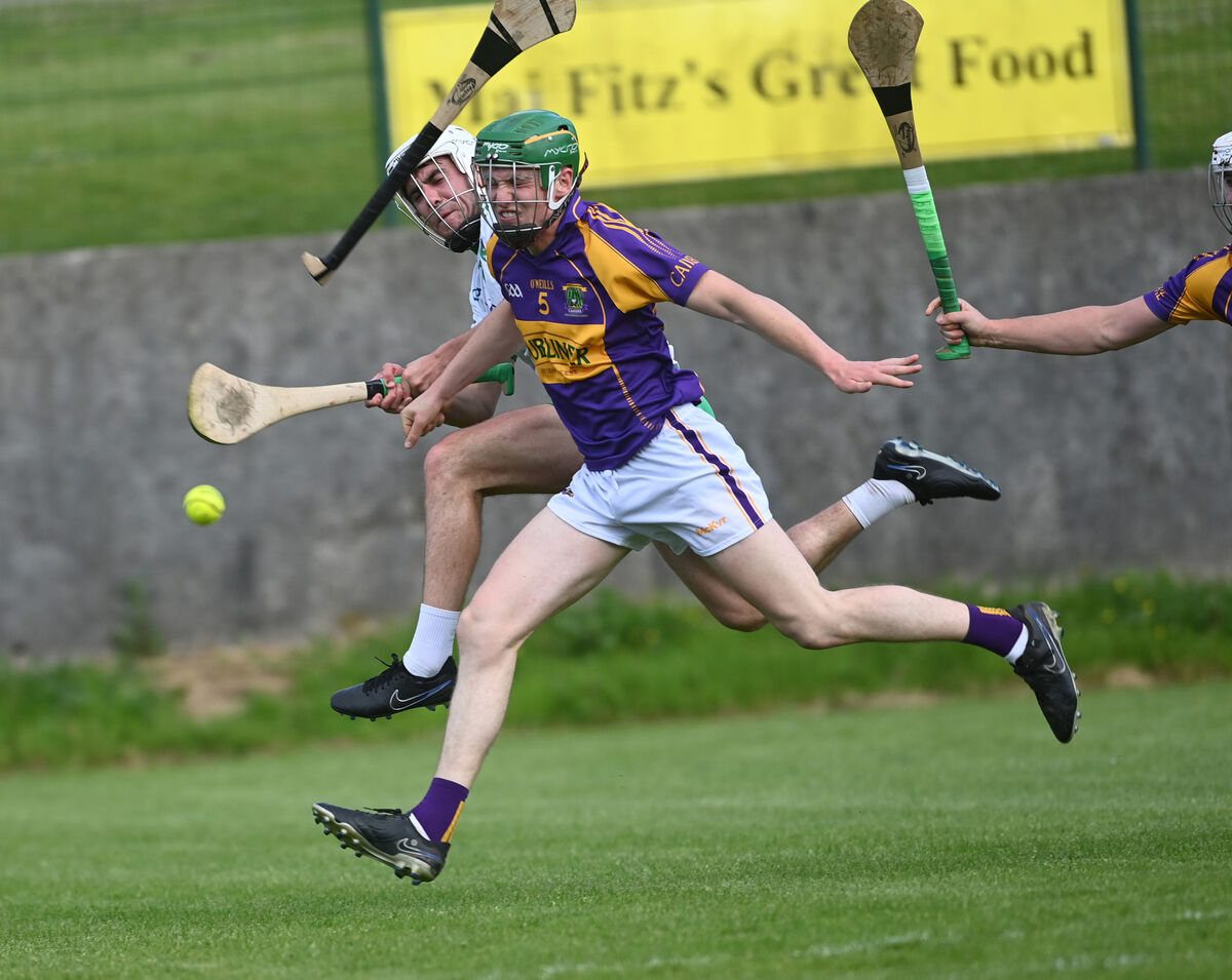 Carbery's Peter Collins loses his hurley in trying to block a shot by Muskerry's Eoin O'Shea. Picture: Eddie O'Hare Carbery's Peter Collins loses his hurley in trying to block a shot by Muskerry's Eoin O'Shea. Picture: Eddie O'Hare