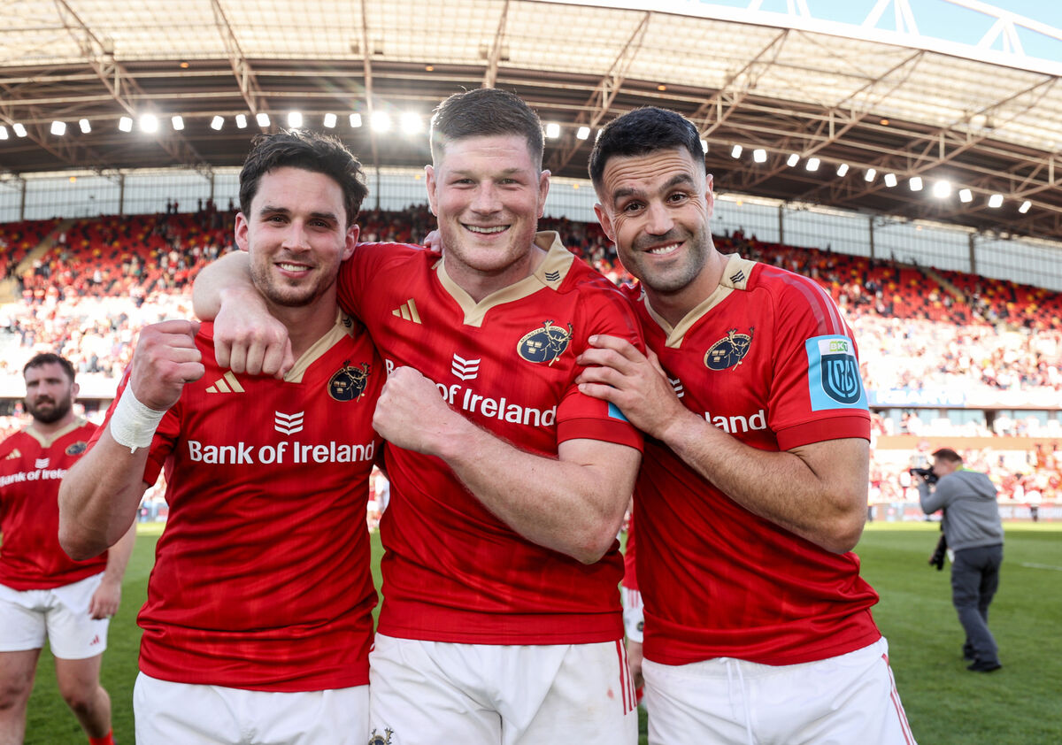 Munster’s Joey Carbery, Jack O’Donoghue and Conor Murray celebrate after the game