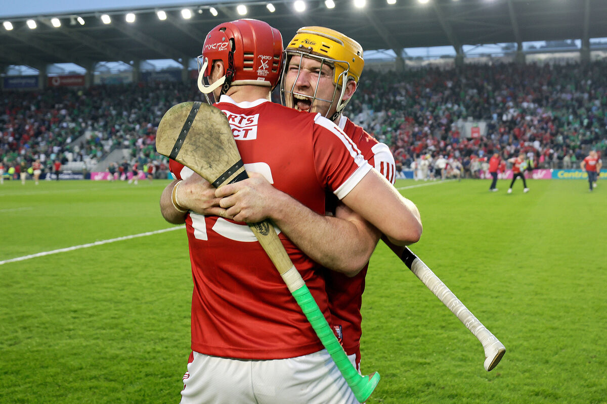 Cork's Niall O'Leary celebrates after the game with Brian Hayes after the recent win over Limerick. Picture: Inpho/Laszlo Geczo