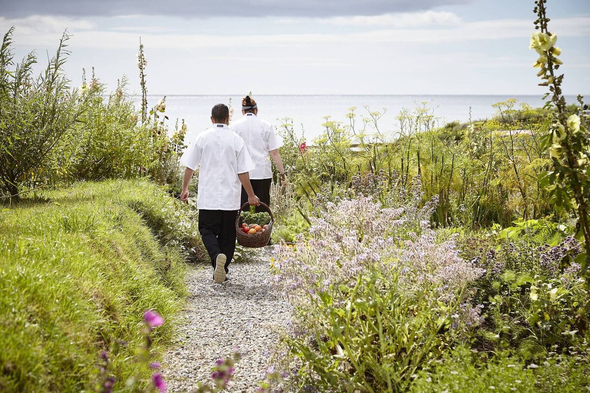 Staff walking to The Ocean Garden, the hotel's very own organic kitchen. Staff walking to The Ocean Garden, the hotel's very own organic kitchen.
