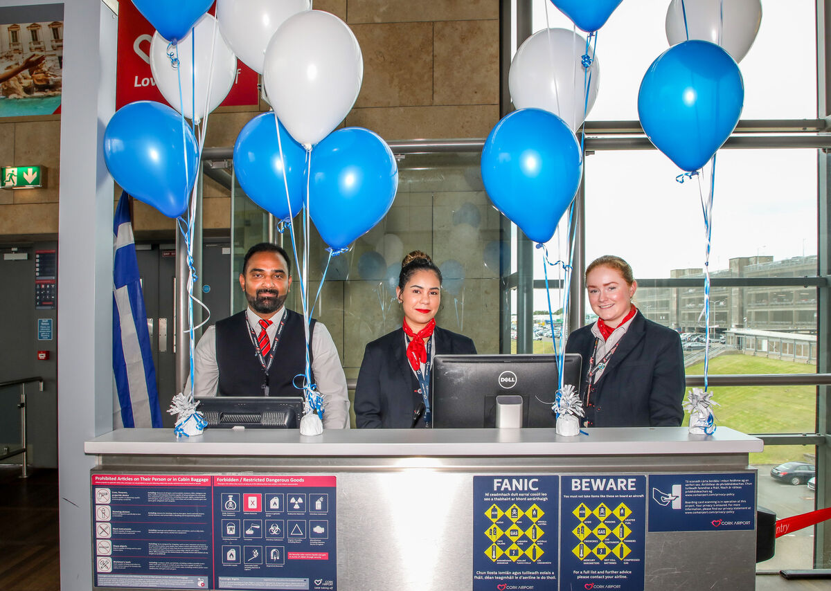  Swissport staff, Prajeesh Varkey, Eva Martins and Maeve O'Sullivan at the departure gate and about to board passengers on to the inaugural Ryanair flight to Rhodes from Cork Airport. - Picture: David Creedon