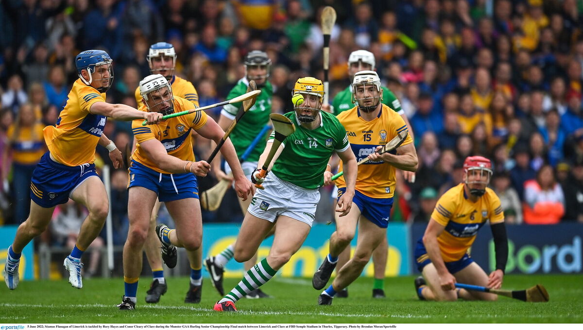 Séamus Flanagan of Limerick is tackled by Rory Hayes and Conor Cleary of Clare during 2022 Munster final at FBD Semple Stadium. Picture: Brendan Moran/Sportsfile Séamus Flanagan of Limerick is tackled by Rory Hayes and Conor Cleary of Clare during 2022 Munster final at FBD Semple Stadium. Picture: Brendan Moran/Sportsfile