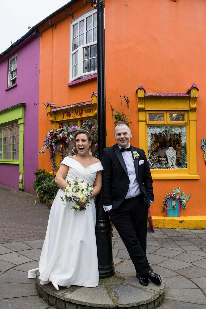 The bride got her dress in Brides of Eire in Clonakilty, with alterations by Urata in Ballincollig. She sowed a piece of Claire’s dad’s tie inside the dress, next to her heart.