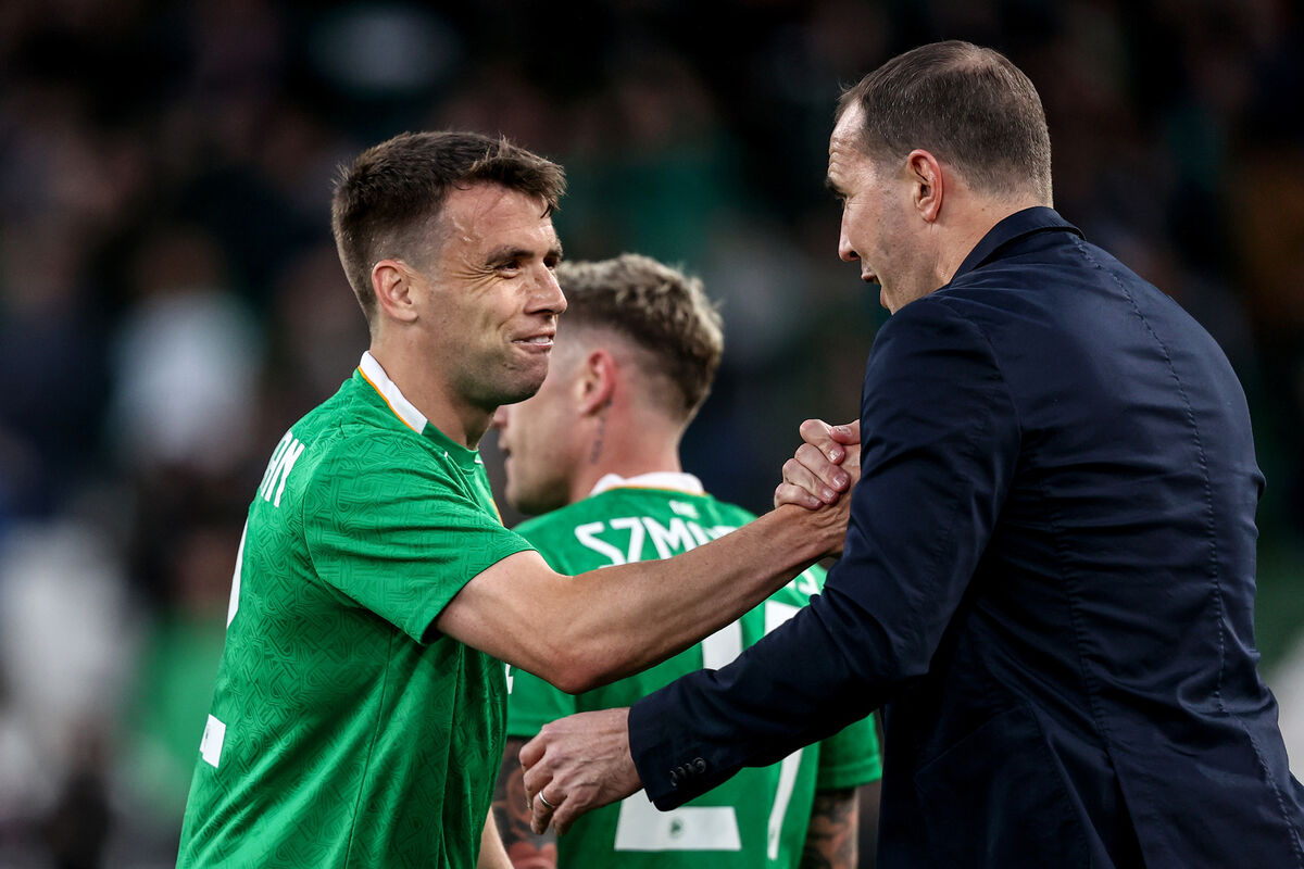 Ireland's Seamus Coleman celebrates after the final whistle with interim manager John O’Shea. Picture: INPHO/Ben Brady