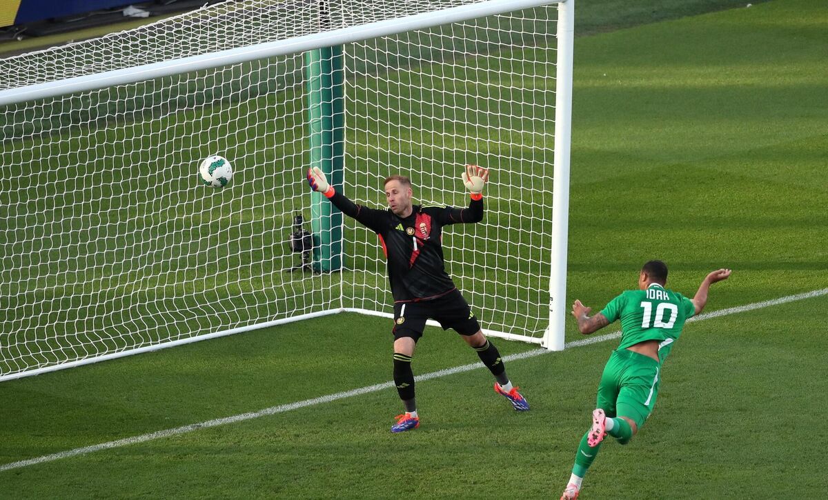 Adam Idah of Republic of Ireland heads to score his side's first goal during the international friendly match against Hungary at Aviva Stadium in Dublin. Picture: Michael P Ryan/Sportsfile