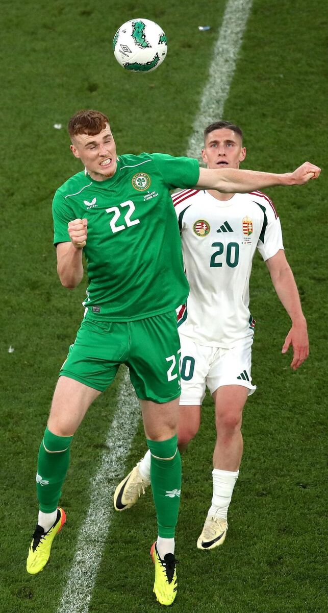 Jake O'Brien of Republic of Ireland in action against Roland Sallai of Hungary during the international friendly match at Aviva Stadium in Dublin. Picture: Michael P Ryan/Sportsfile