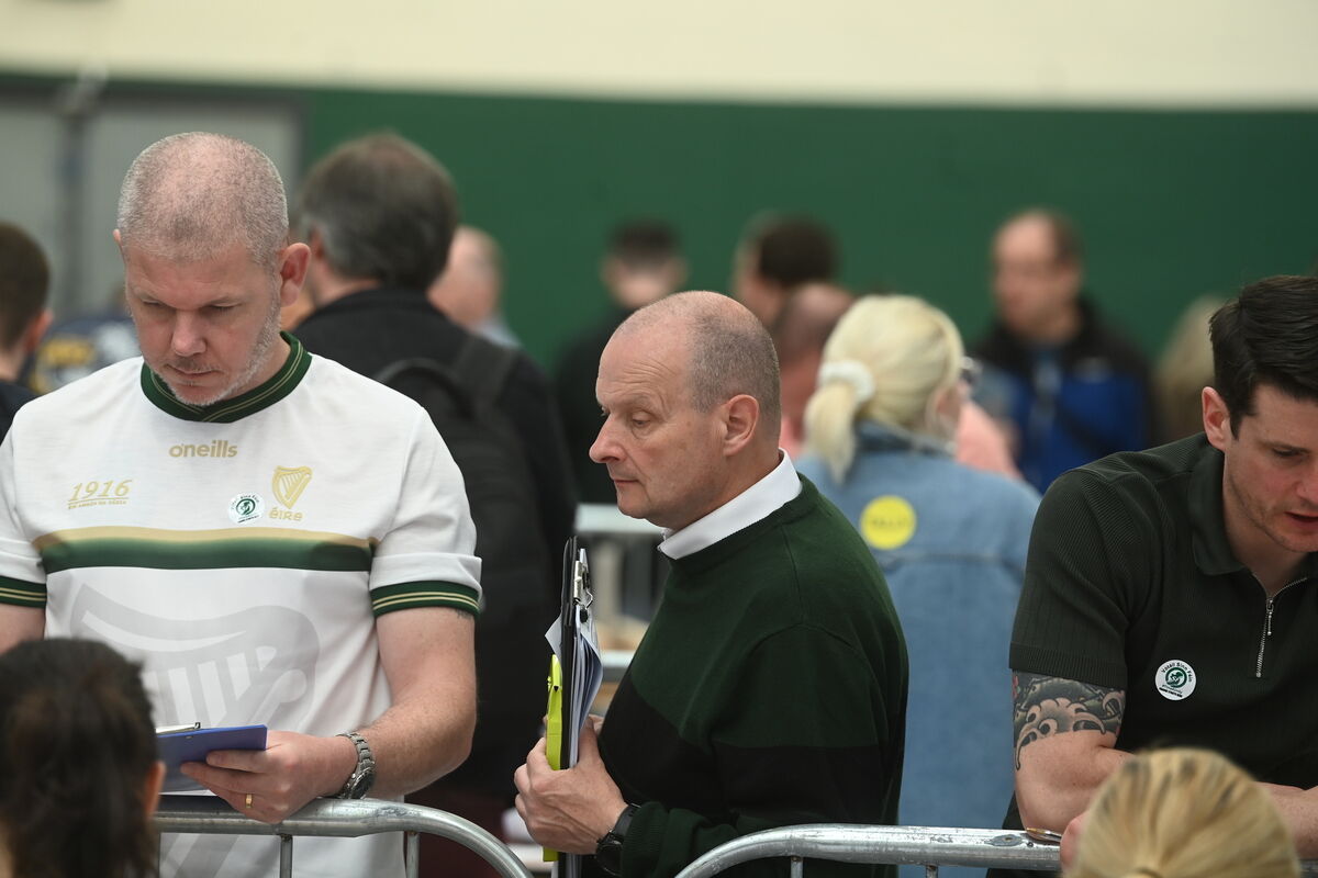 Local election Candidate Chris O'Leary tallying votes. The separation of local and European ballot papers is underway after the opening of the ballot boxes at Nemo Rangers GAA club on Saturday morning. Pic: Larry Cummins