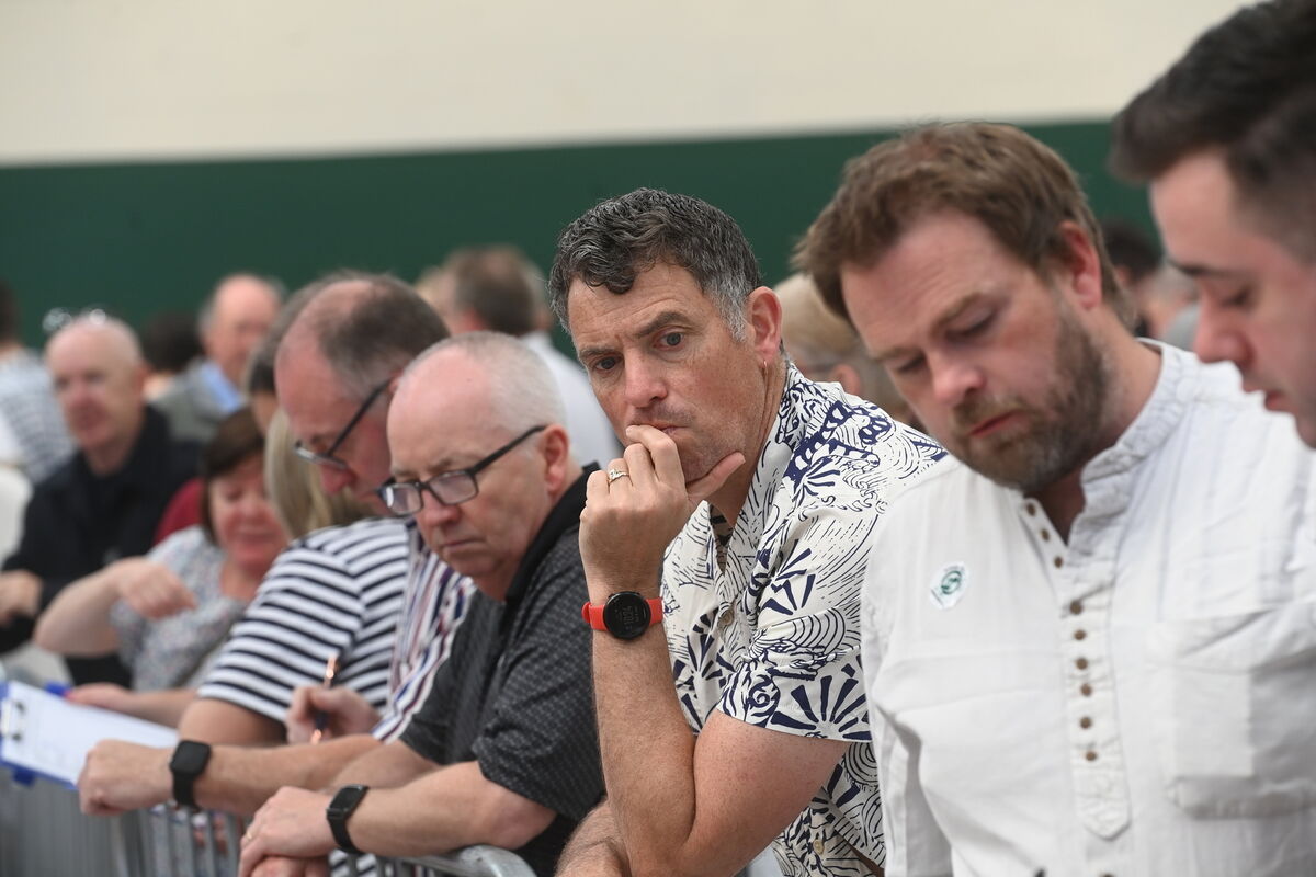 Ken Cotter of the Labour Party tallying votes. The separation of local and European ballot papers is underway after the opening of the ballot boxes at Nemo Rangers GAA club on Saturday morning. Pic: Larry Cummins