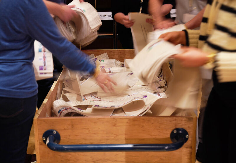 Counting staff at Cork City Hall sort ballots during local elections in Cork. Pic: Jonathan Brady/PA Wire
