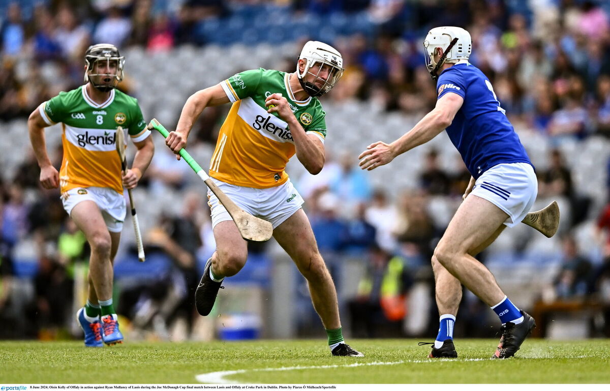 Oisín Kelly of Offaly in action against Ryan Mullaney of Laois during the Joe McDonagh Cup final at Croke Park. Picture: Piaras Ó Mídheach/Sportsfile