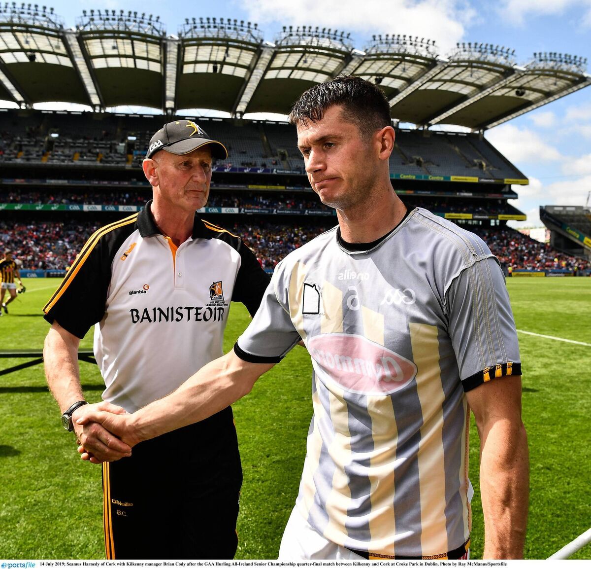 Seamus Harnedy of Cork with Kilkenny manager Brian Cody after the 2019 All-Ireland hurling quarter-final at Croke Park. Picture: Ray McManus/Sportsfile