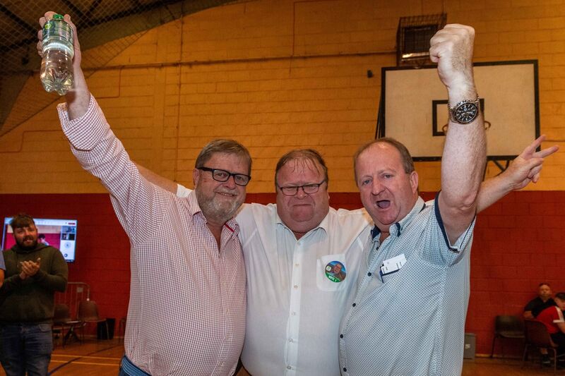 Danny Collins elected after the 3rd count and celebrates with his brothers John and Michael at Clonakilty Count Centre this morning. Picture: Andy Gibson.