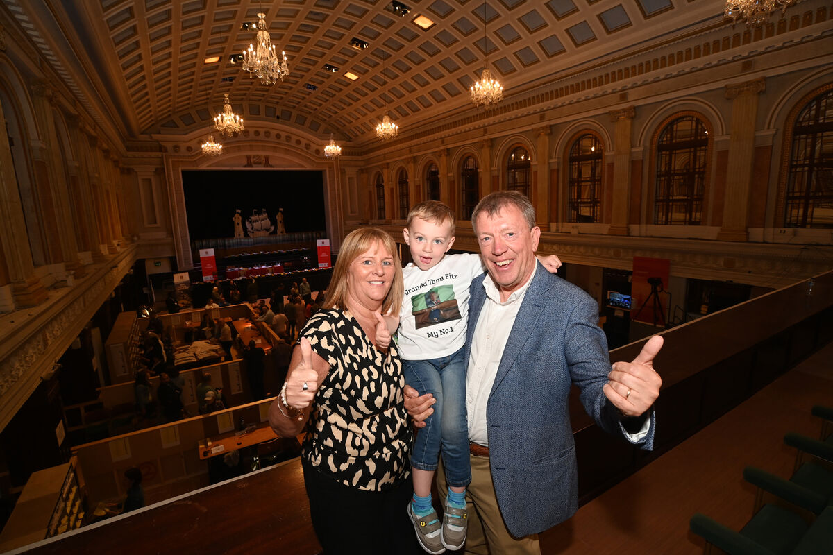  Eoin White wearing a T-Shirt saying "Granda Tony Fitz My No. 1" with Georgina and Tony Fitzgerald as they celebrated his election at the count centre at City Hall, Cork City on Saturday 8th June 2024. Pic Larry Cummins