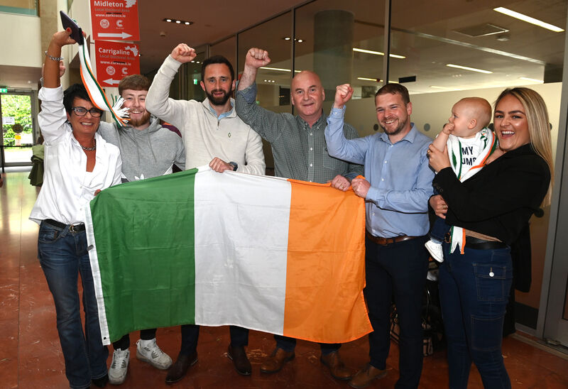 Eoghan Fahy,( 3rd left) Sinn Féin with family and friends after been elected to the Carrigaline Local Electoral Area at the County Hall. Picture: Eddie O'Hare