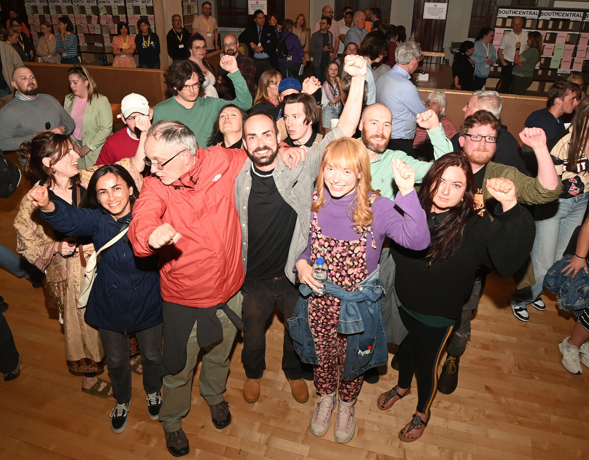  Joy for Brian McCarthy, People Before Profit -Solidarity candidate as he is elected at the local election count centre at City Hall, Cork City. Pic Larry Cummins