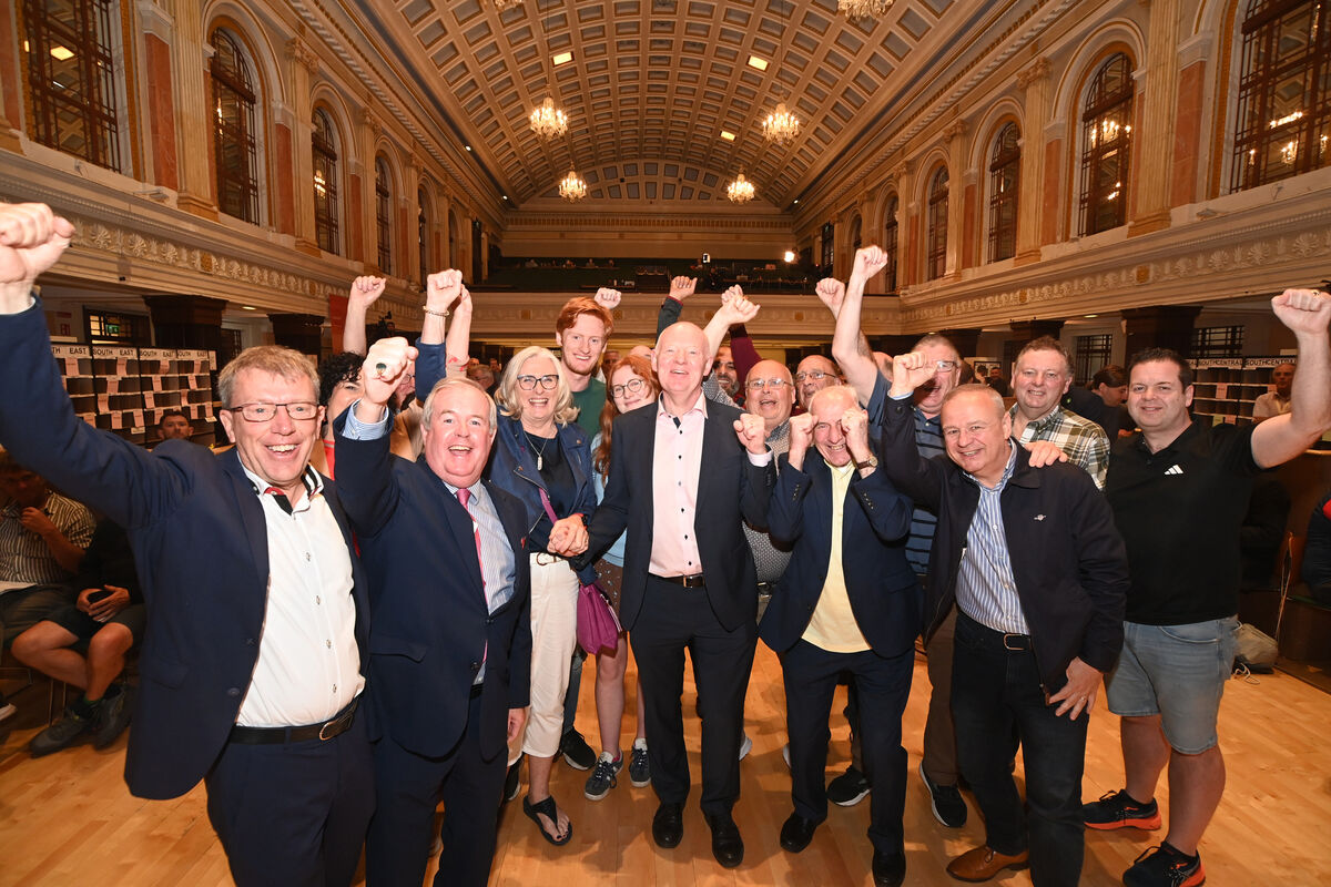  Cork City North West candidate John Sheehan celebrates his re-election with supporters at the count centre at City Hall, Cork City on Sunday 9th June 2024. Pic Larry Cummins