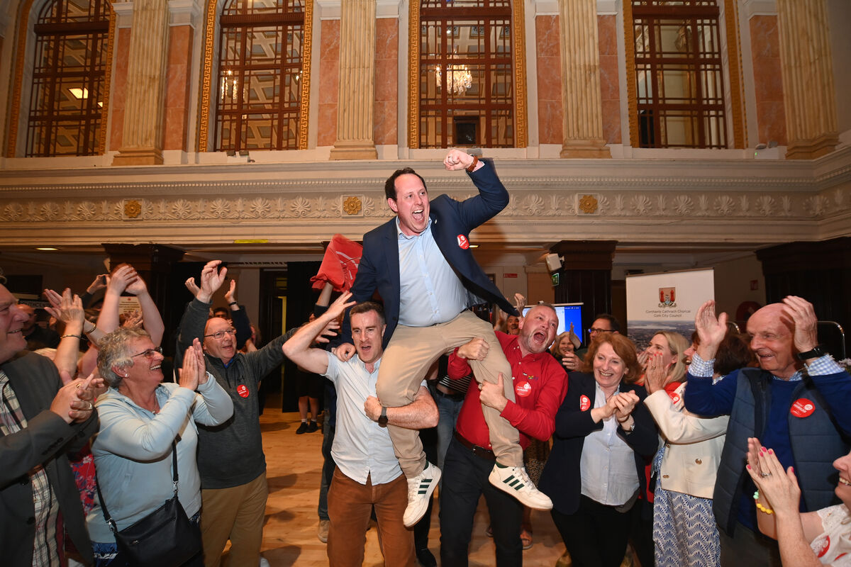  Peter Horgan, Labour Party with supporters as they celebrate his election at the local election count centre at City Hall, Cork City. Pic Larry Cummins