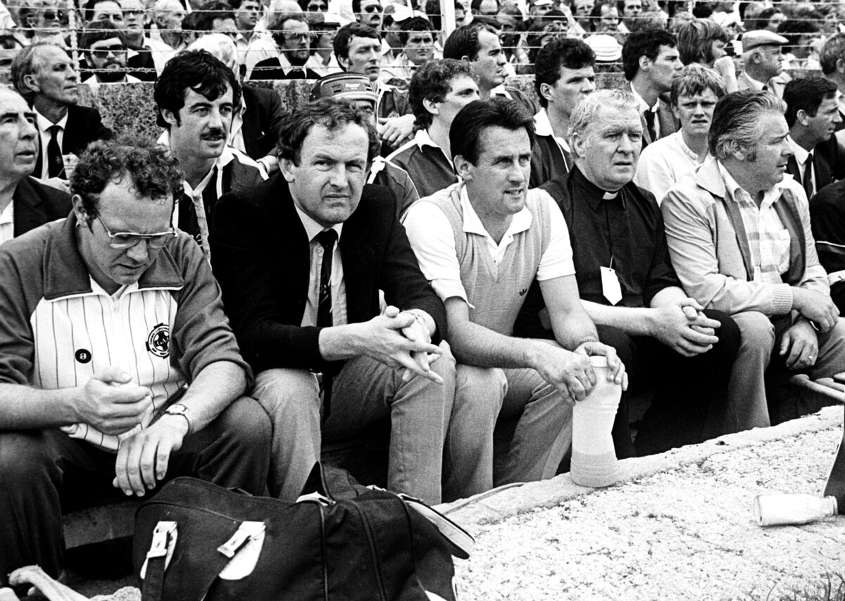 The Cork bench pictured during the 1984 All-Ireland final against Offaly. Included are Justin McCarthy (with water bottle), Dr Con Murphy (left of him) and Fr Michael O'Brien The Cork bench pictured during the 1984 All-Ireland final against Offaly. Included are Justin McCarthy (with water bottle), Dr Con Murphy (left of him) and Fr Michael O'Brien