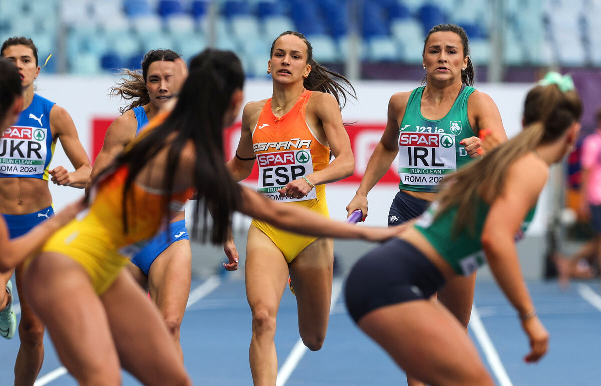 Ireland’s Phil Healy passes the baton to Lauren Cadden. Picture: INPHO/Morgan Treacy Ireland’s Phil Healy passes the baton to Lauren Cadden. Picture: INPHO/Morgan Treacy