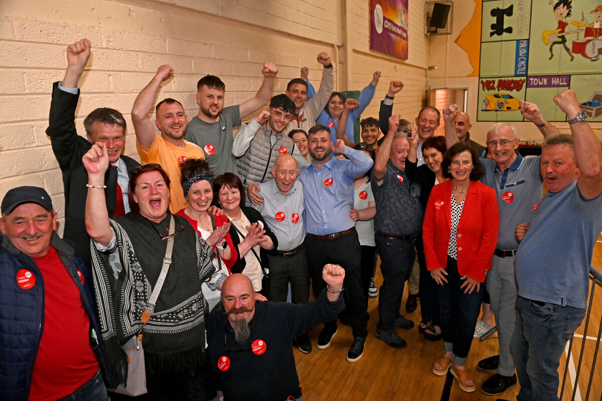 Eoghan Kenny,(centre) Labour celebrates with supporters after his election in the Mallow local electoral area in Mallow Youth centre Picture: Eddie O'Hare