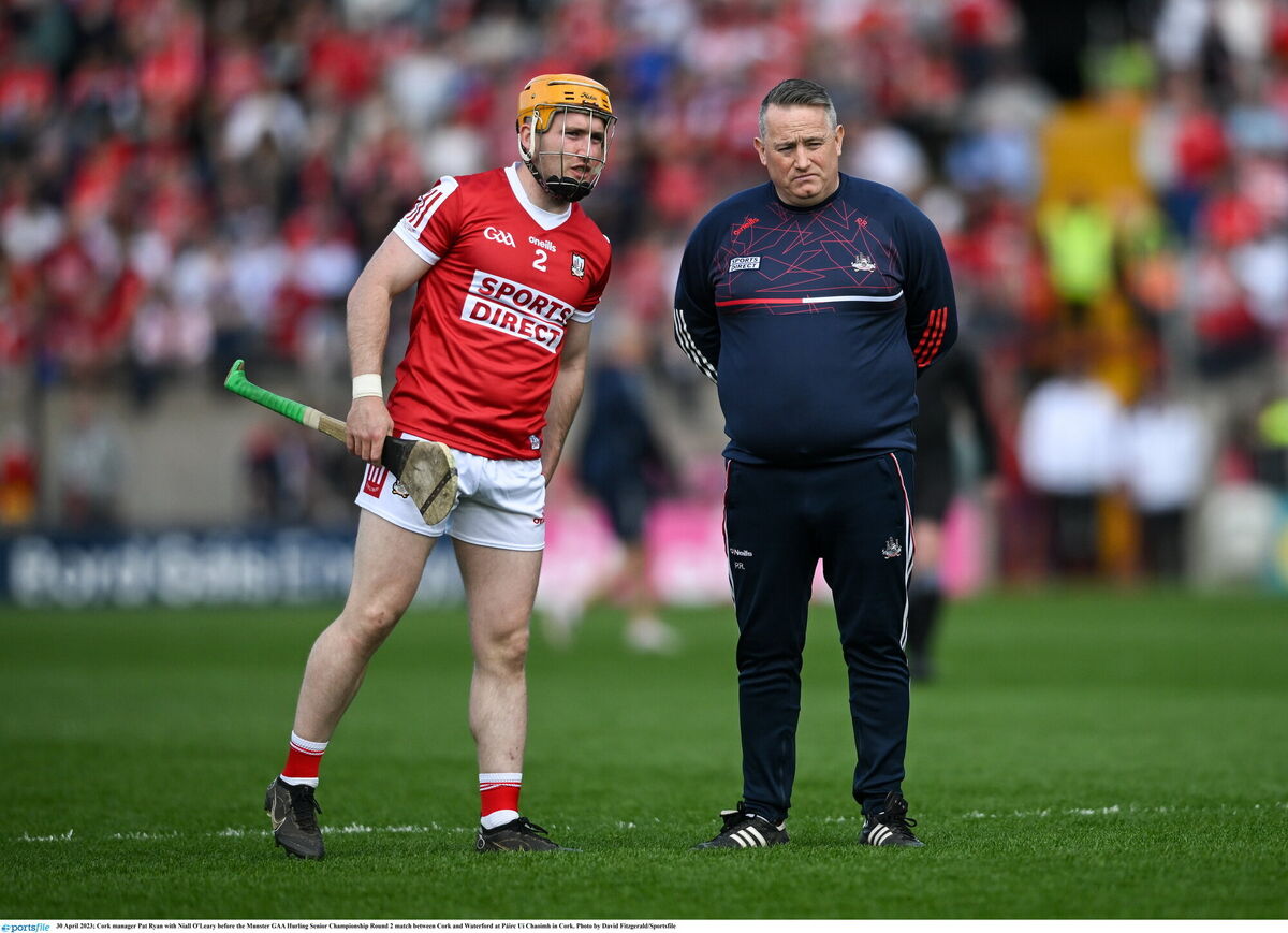 Niall O'Leary with Cork manager Pat Ryan before the game against Waterford in 2023. Picture: David Fitzgerald/Sportsfile Niall O'Leary with Cork manager Pat Ryan before the game against Waterford in 2023. Picture: David Fitzgerald/Sportsfile
