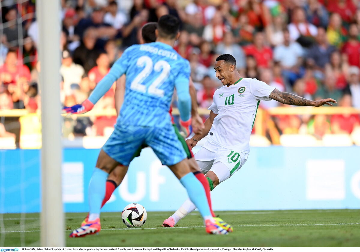 Adam Idah has a shot on goal at Estádio Municipal de Aveiro. Picture: Stephen McCarthy/Sportsfile Adam Idah has a shot on goal at Estádio Municipal de Aveiro. Picture: Stephen McCarthy/Sportsfile