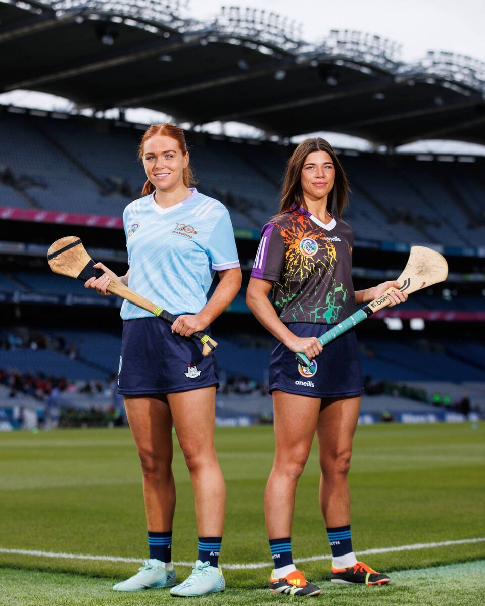Kerrie Finnegan from Faughs Celtic Camogie Club, and Emma O’Byrne, Good Counsel Liffey Gaels GAA and Camogie Club, wearing the Camogie Association's 120th anniversary commemorative jerseys at the launch at Croke Park. Picture: INPHO/Ben Brady